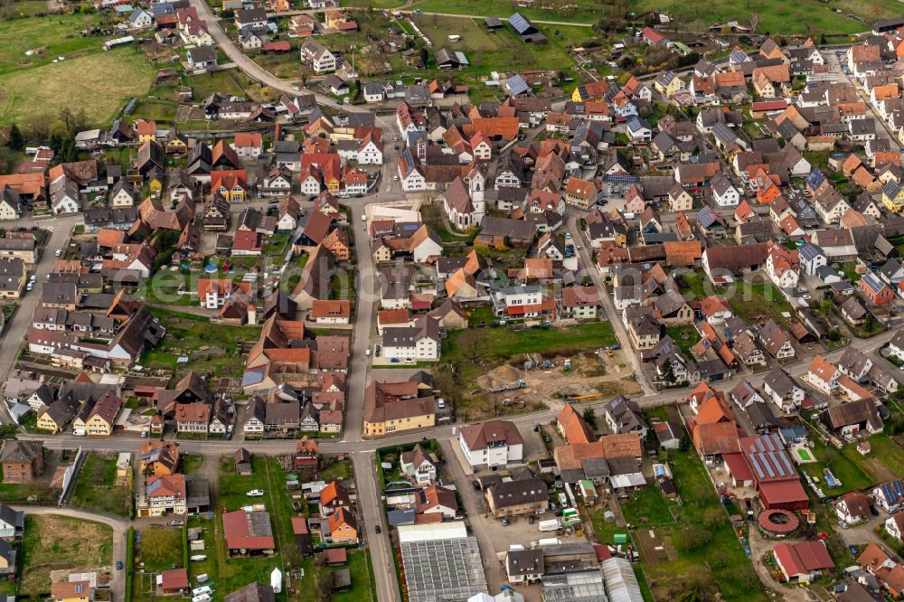 Aerial image Weisweil - Town View of the streets and houses of the residential areas in Weisweil in the state Baden-Wurttemberg, Germany