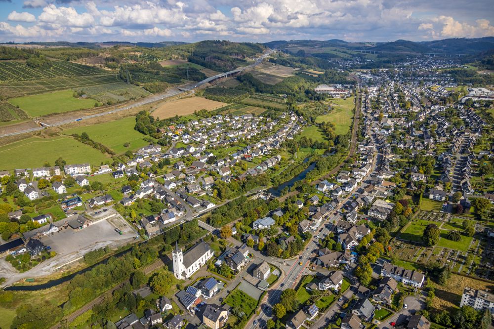 Aerial photograph Bestwig - Town center on the edge of vineyards and wineries in the wine-growing area in the district Velmede in Bestwig at Sauerland in the state North Rhine-Westphalia, Germany