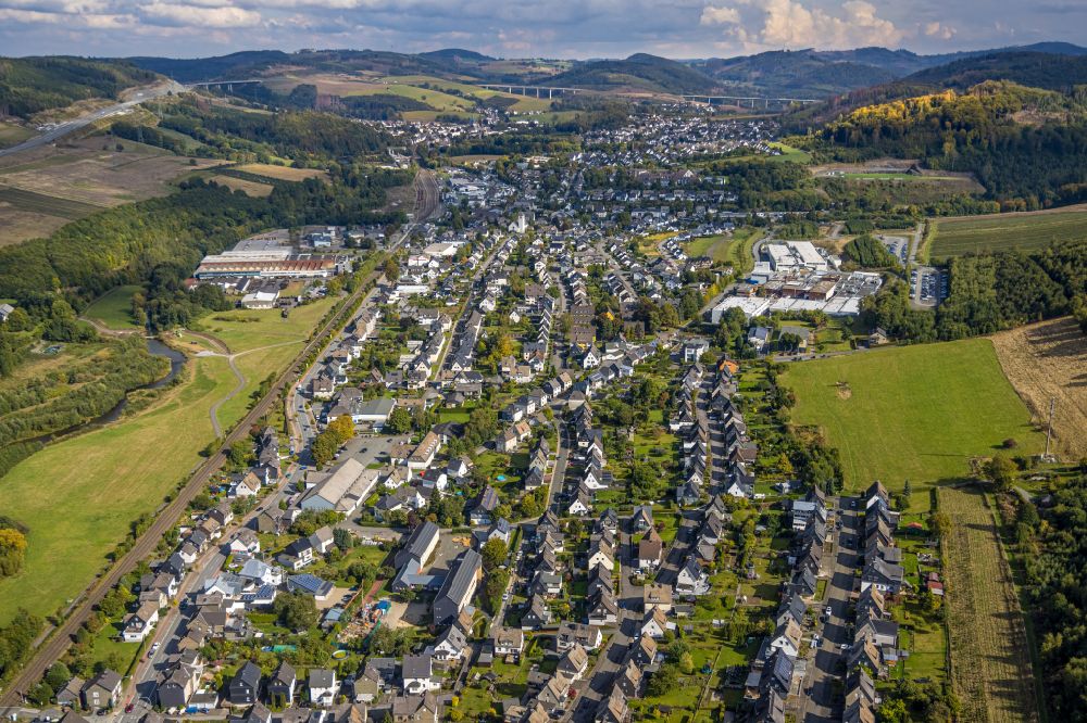 Bestwig from above - Town center on the edge of vineyards and wineries in the wine-growing area in the district Velmede in Bestwig at Sauerland in the state North Rhine-Westphalia, Germany