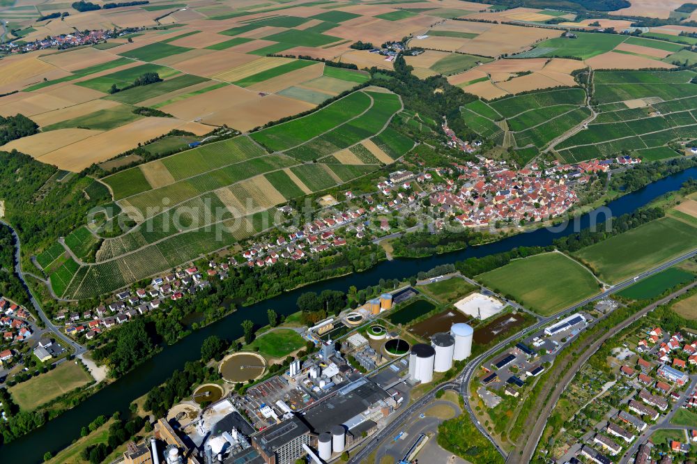 Frickenhausen am Main from the bird's eye view: Town center on the edge of vineyards and wineries in the wine-growing area in Frickenhausen am Main in the state Bavaria, Germany