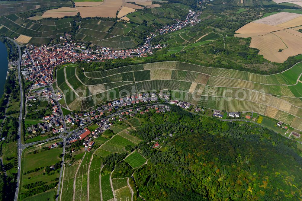 Heidingsfeld from above - Town center on the edge of vineyards and wineries in the wine-growing area in Heidingsfeld in the state Bavaria, Germany