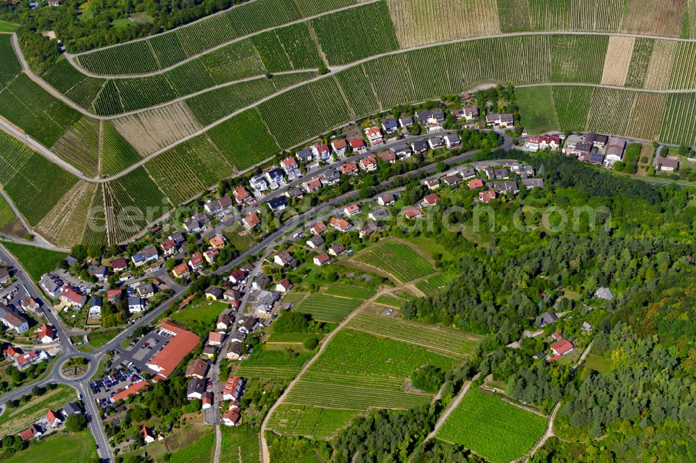 Heidingsfeld from the bird's eye view: Town center on the edge of vineyards and wineries in the wine-growing area in Heidingsfeld in the state Bavaria, Germany