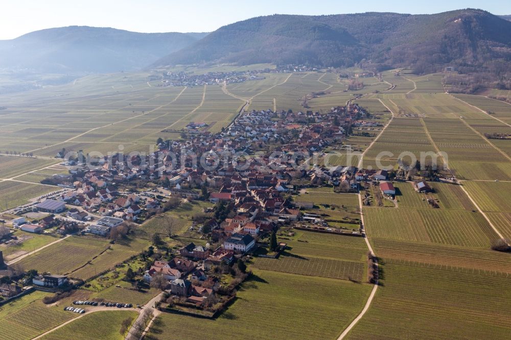 Rhodt unter Rietburg from above - Town center on the edge of vineyards and wineries in the wine-growing area in Rhodt unter Rietburg in the state Rhineland-Palatinate, Germany