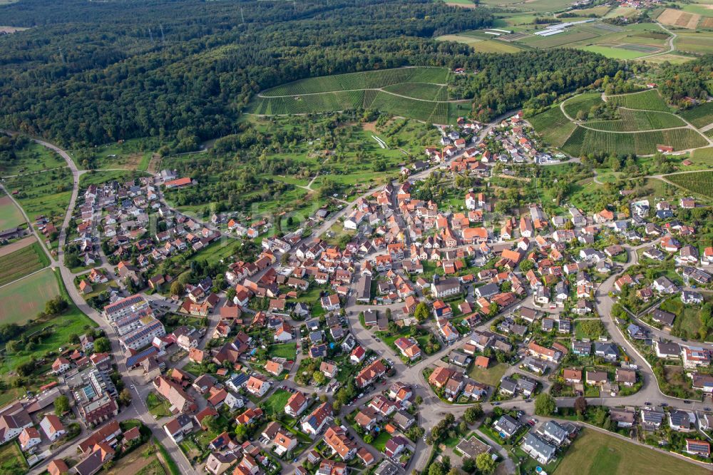 Winzerhausen from the bird's eye view: Town center on the edge of vineyards and wineries in the wine-growing area in Winzerhausen in the state Baden-Wuerttemberg, Germany