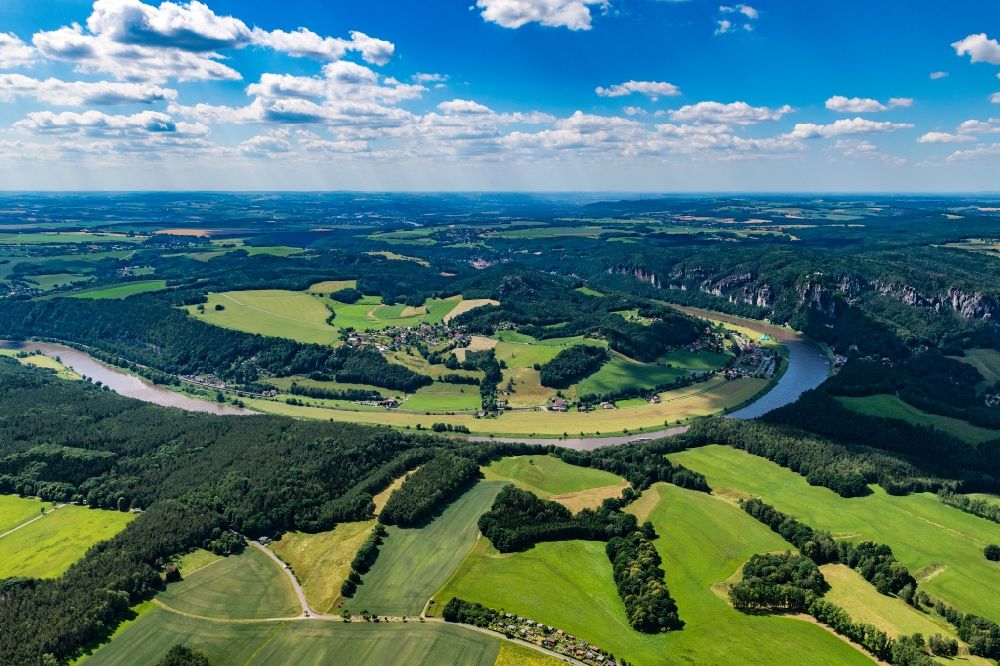 Rathen from above - Town on the banks of the river Elbe on Elbsandsteingebirge in Rathen in the state Saxony, Germany