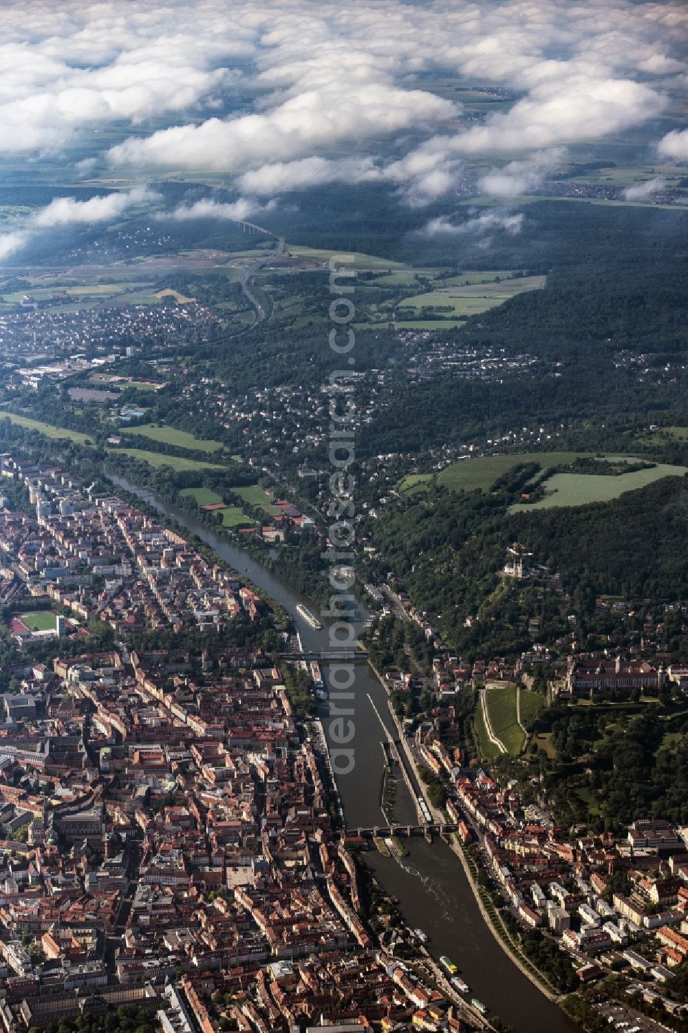 Würzburg from above - Town on the banks of the river of the Main river in Wuerzburg in the state Bavaria, Germany