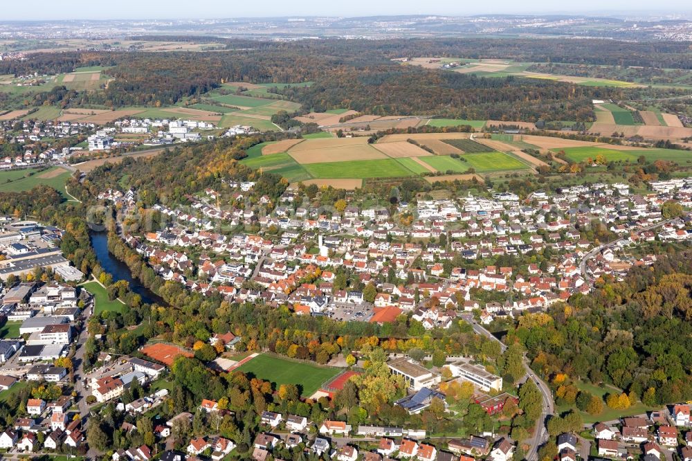 Aerial image Zizishausen - Town on the banks of the river of the river Neckar in Zizishausen in the state Baden-Wurttemberg, Germany