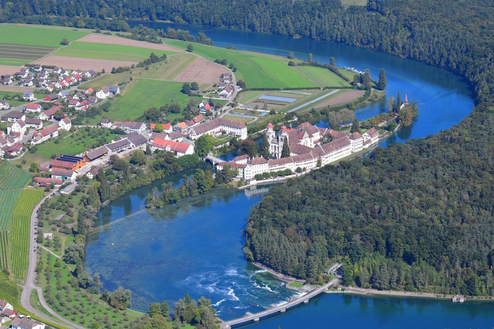 Rheinau from the bird's eye view: Town on the banks of the river Rhine in Rheinau in the canton Zurich, Switzerland
