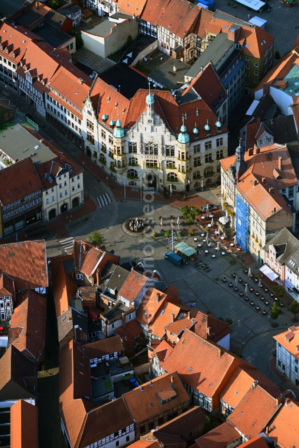 Helmstedt from above - Center market in Helmstedt in the state Lower Saxony, Germany