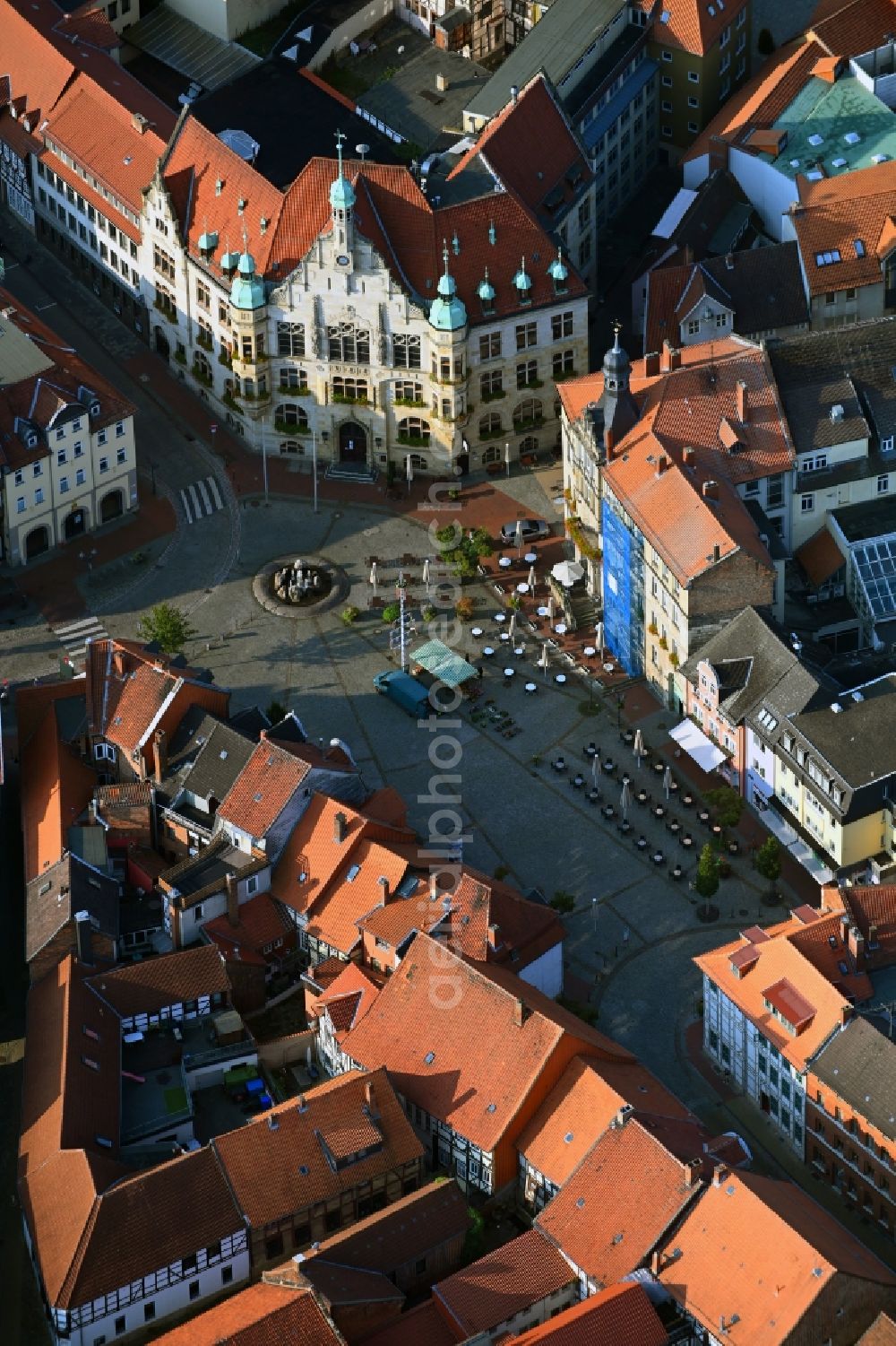 Helmstedt from the bird's eye view: Center market in Helmstedt in the state Lower Saxony, Germany