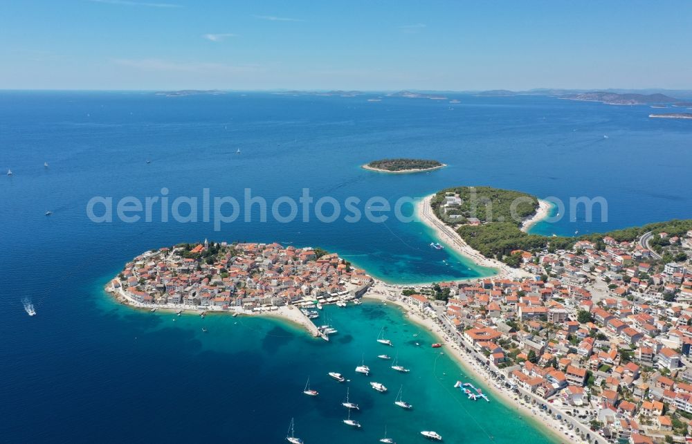 Primosten from the bird's eye view: Town center on the sea-coastal area of ?? Adriatic Sea in Primosten in Sibensko-kninska zupanija, Croatia