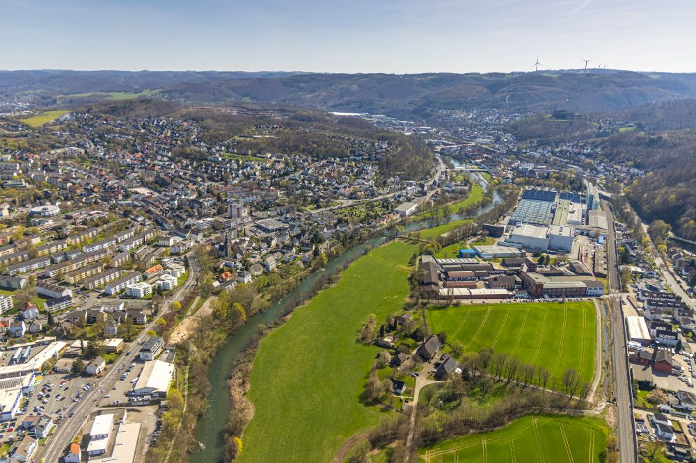 Aerial photograph Hohenlimburg - Village on the banks of the area Lenne - river course in Hohenlimburg in the state North Rhine-Westphalia, Germany