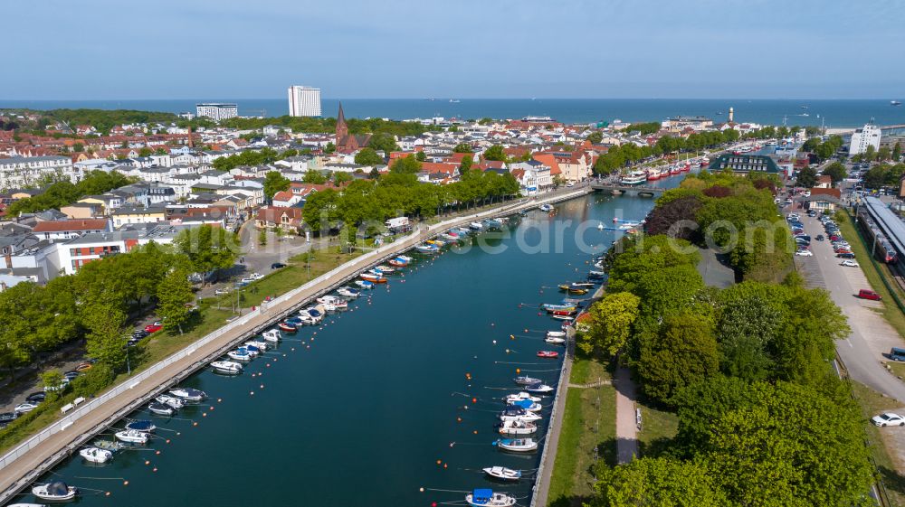 Warnemünde from above - Village on the banks of the area Alter Strom - river course in Warnemuende at the baltic coast in the state Mecklenburg - Western Pomerania, Germany