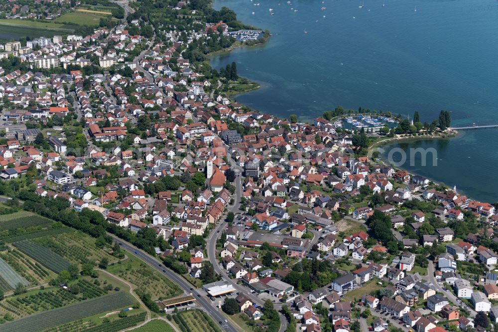 Immenstaad am Bodensee from above - Town center on the shore area of a??a??Lake Constance with the harbor in Immenstaad am Bodensee on Lake Constance in the state Baden-Wuerttemberg, Germany