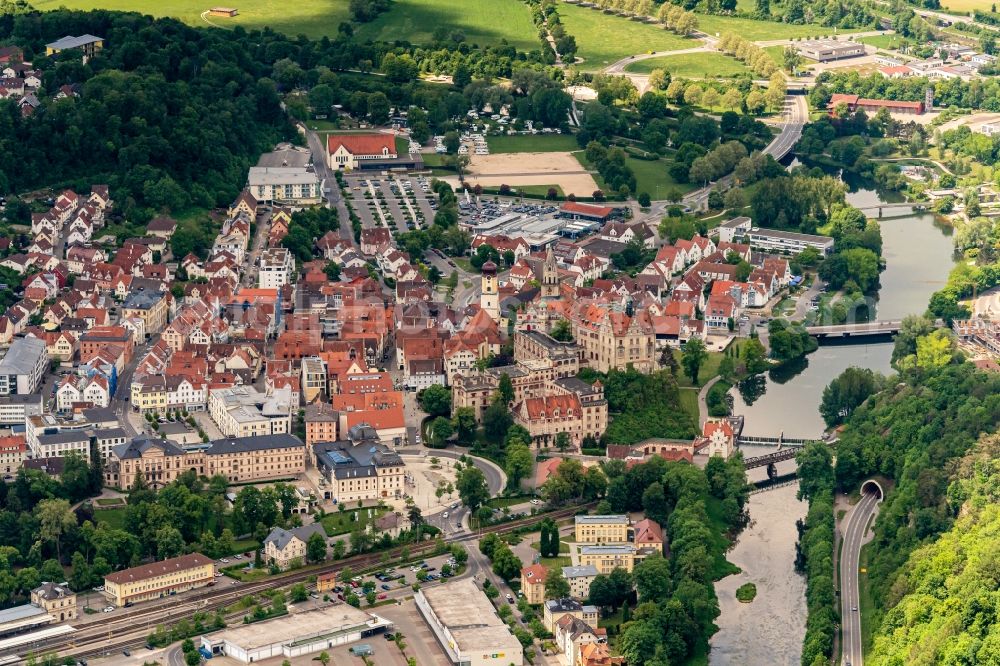 Sigmaringen from above - Village on the banks of the area Danube - river course in Sigmaringen in the state Baden-Wuerttemberg, Germany