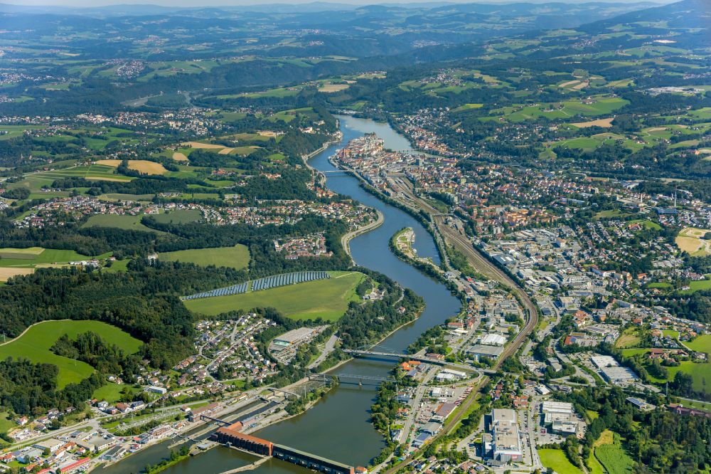 Passau from above - Village on the banks of the area Zusammenflusses of Donau, Inn and Ilz - river course in Passau in the state Bavaria, Germany