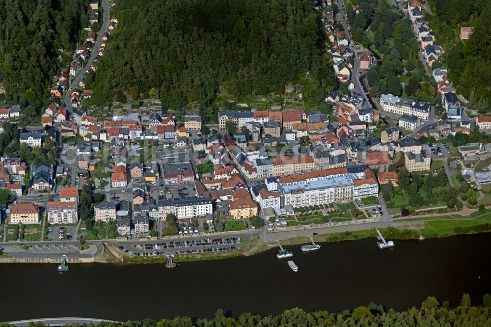 Aerial image Bad Schandau - Town center on the banks of the Elbe - river course in Bad Schandau in Saxon Switzerland in the state Saxony, Germany