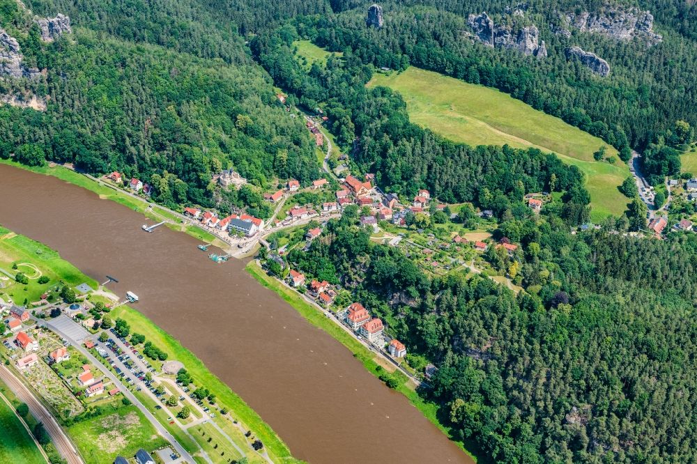 Rathen from above - Town center on the banks of the Elbe - river course in Rathen am Elbe Sand Mountains in Saxon Switzerland in the state Saxony, Germany