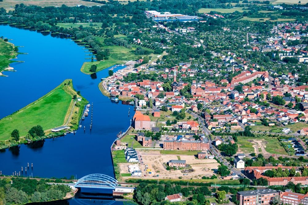 Wittenberge from above - Village on the banks of the area Elbe - river course in Wittenberge in the state Brandenburg, Germany