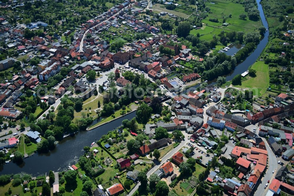 Lübz from above - Village on the banks of the area Elde - river course in Luebz in the state Mecklenburg - Western Pomerania, Germany