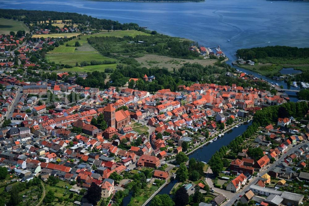 Aerial image Plau am See - Village on the banks of the area of Elde in Plau am See in the state Mecklenburg - Western Pomerania, Germany
