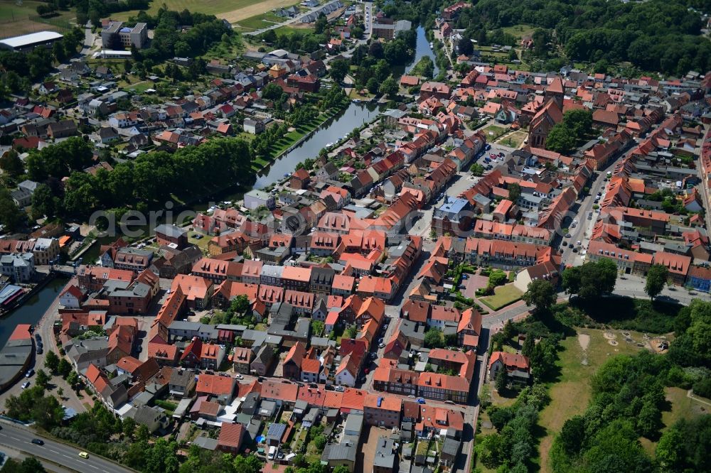 Aerial image Plau am See - Village on the banks of the area of Elde in Plau am See in the state Mecklenburg - Western Pomerania, Germany