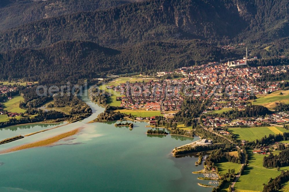 Aerial image Füssen - Village on the banks of the area lake of Forggensee in Fuessen in the state Bavaria, Germany