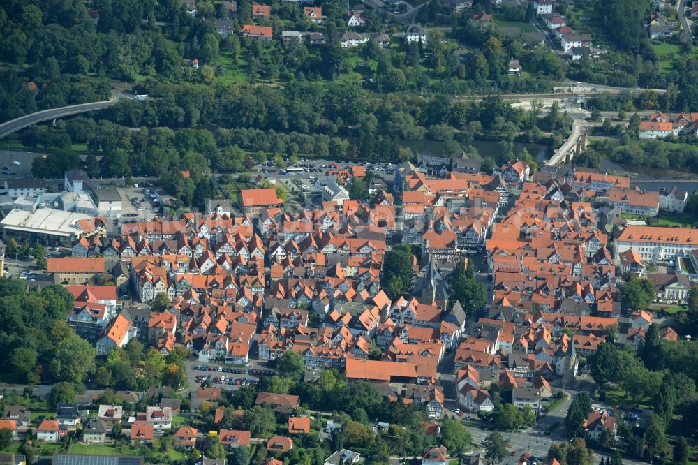 Melsungen from the bird's eye view: Village on the banks of the area Fulda - river course in Melsungen in the state Hesse