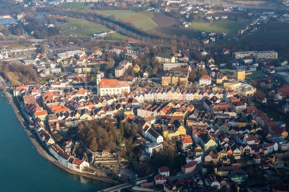 Aerial image Schärding - Village on the banks of the Inn - river course in Schaerding in Oberoesterreich, Austria