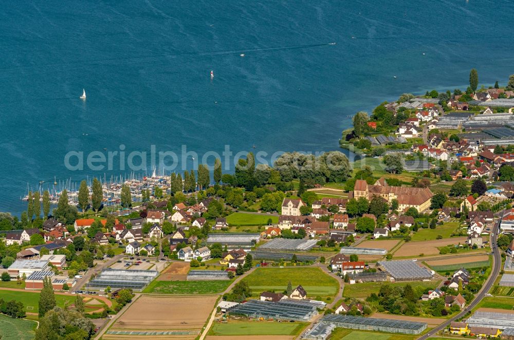 Reichenau from above - Village on the banks of the area lake Insel Reichenau in Reichenau in the state Baden-Wuerttemberg, Germany