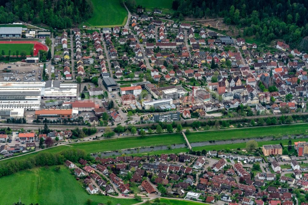 Hausach from above - Village on the banks of the area Kinzig - river course in Hausach in the state Baden-Wurttemberg, Germany