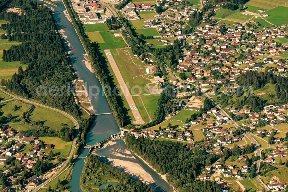 Höfen from above - Village on the banks of the area Lech - river course in Hoefen in Tirol, Austria