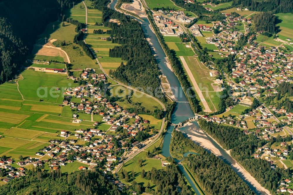 Höfen from the bird's eye view: Village on the banks of the area Lech - river course in Hoefen in Tirol, Austria