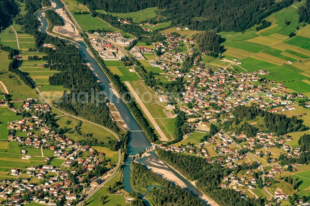 Aerial image Höfen - Village on the banks of the area Lech - river course in Hoefen in Tirol, Austria