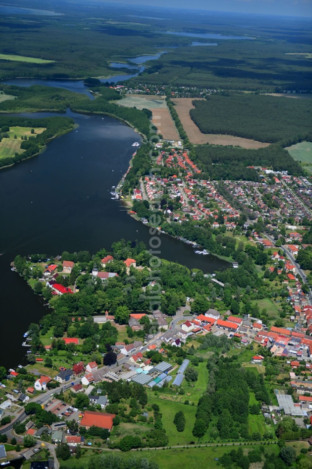 Mirow from above - Village on the banks of the area Mirower See in Mirow in the state Mecklenburg - Western Pomerania, Germany