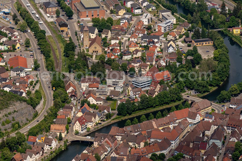 Sulz am Neckar from above - Village on the banks of the area Neckar - river course in Sulz am Neckar in the state Baden-Wuerttemberg, Germany