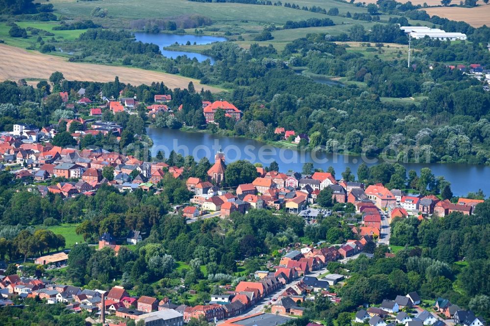 Schönberg from above - Village on the banks of the area lake of Oberteich in Schoenberg in the state Mecklenburg - Western Pomerania, Germany