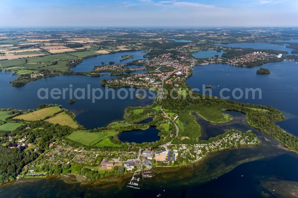 Plön from above - Village on the banks of the area lake in Ploen in the Holsteinische Schweiz in the state Schleswig-Holstein, Germany
