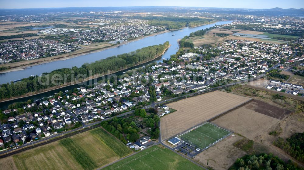 Hersel from the bird's eye view: Village on the banks of the area Rhine - river course in Hersel in the state North Rhine-Westphalia, Germany