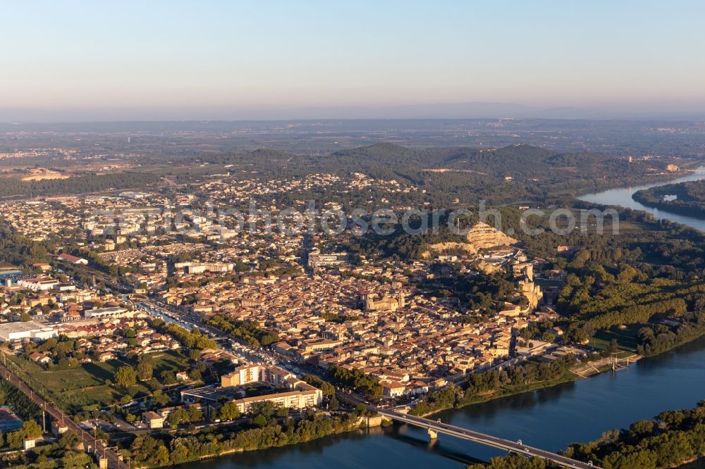 Beaucaire from the bird's eye view: Village on the banks of the area of Rhone - river course in Beaucaire in Occitanie, France