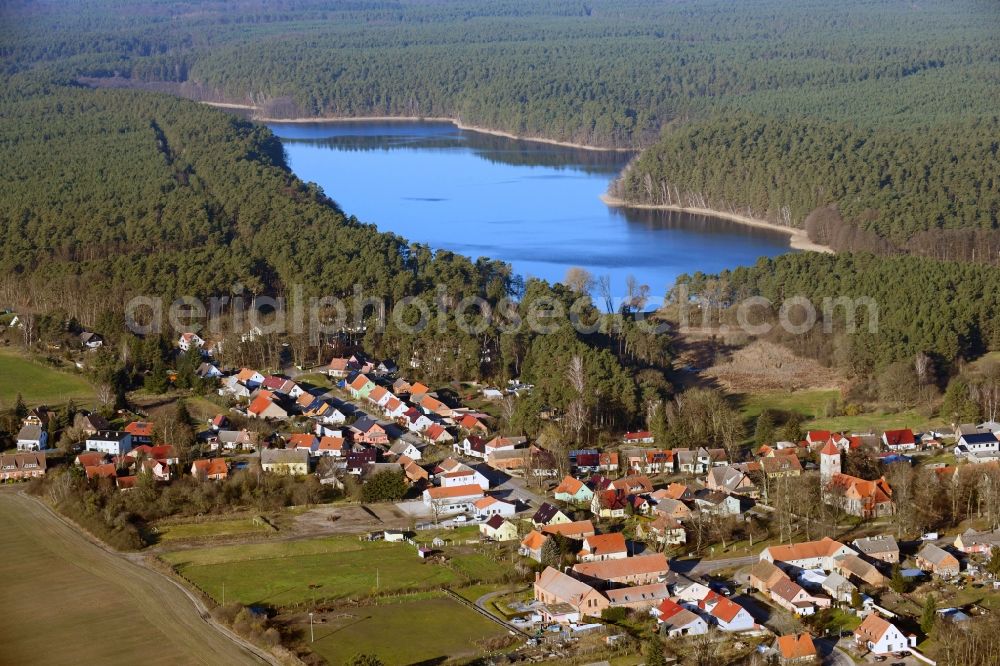 Aerial image Stechlin - Village on the banks of the area of Roofensee in Stechlin in the state Brandenburg, Germany