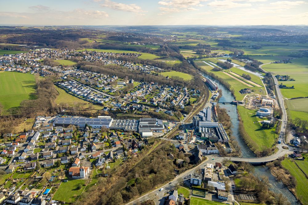 Langschede from the bird's eye view: Village on the banks of the area Ruhr - river course in Langschede at Sauerland in the state North Rhine-Westphalia, Germany