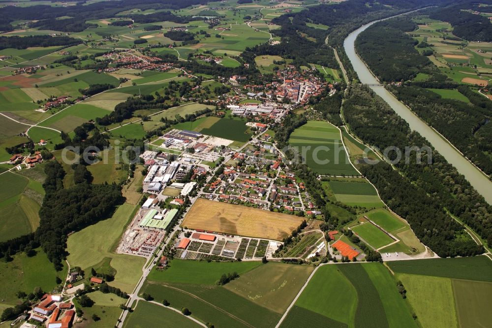 Aerial image Tittmoning - Village on the banks of the area Salzach - river course in Tittmoning in the state Bavaria, Germany