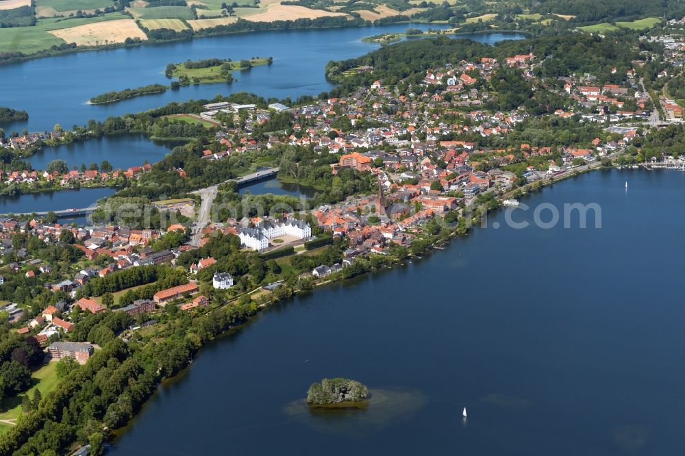 Plön from above - Village on the banks of the area lake of the chain of lakes of the Ploener See in Ploen in the Holsteinische Schweiz in the state Schleswig-Holstein, Germany