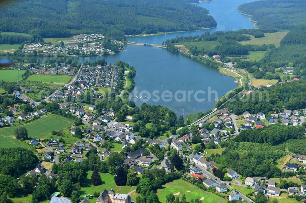 Amecke from the bird's eye view: Village on the banks of the area of Sorpe in Amecke in the state North Rhine-Westphalia, Germany