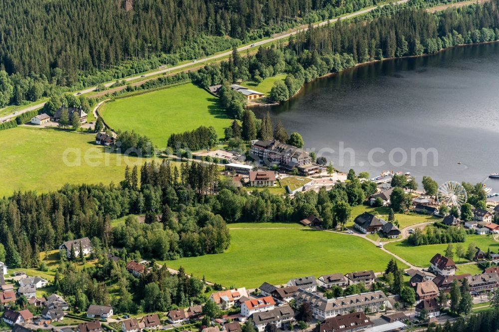 Titisee-Neustadt from above - Village on the banks of the area lake in Titisse Ferienort in Suedschwarzwald in Titisee-Neustadt in the state Baden-Wuerttemberg, Germany