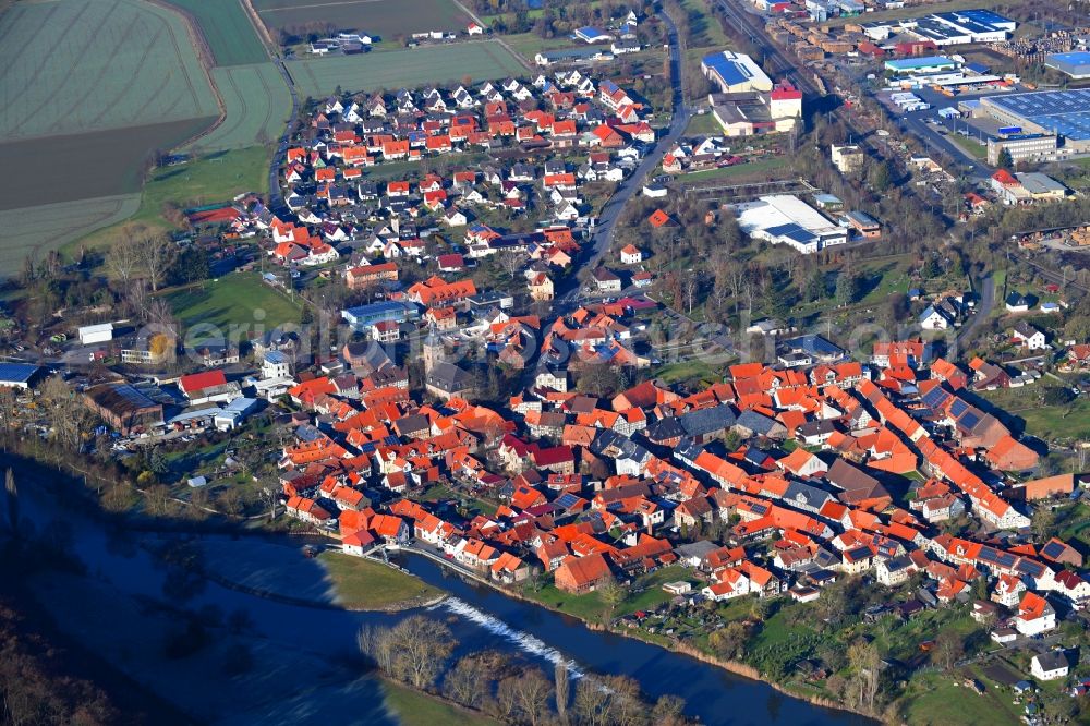 Hedemünden from the bird's eye view: Village on the banks of the area Werra - river course in Hedemuenden in the state Lower Saxony, Germany
