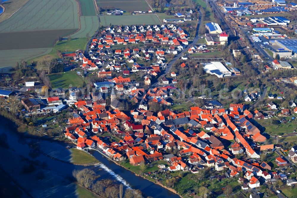 Aerial image Hedemünden - Village on the banks of the area Werra - river course in Hedemuenden in the state Lower Saxony, Germany