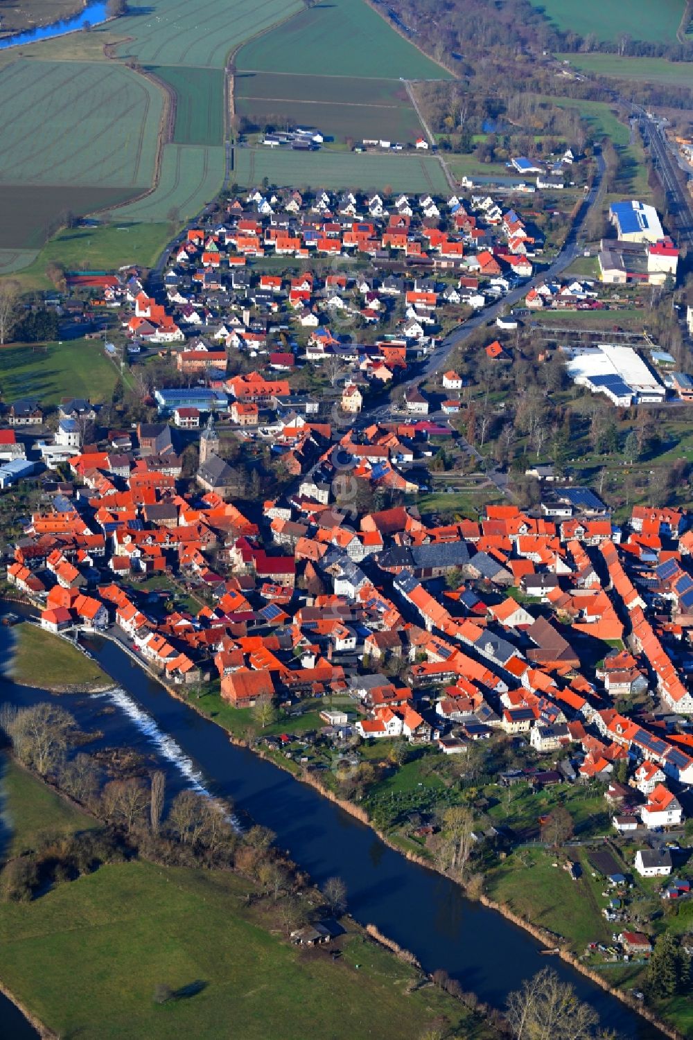 Aerial photograph Hedemünden - Village on the banks of the area Werra - river course in Hedemuenden in the state Lower Saxony, Germany