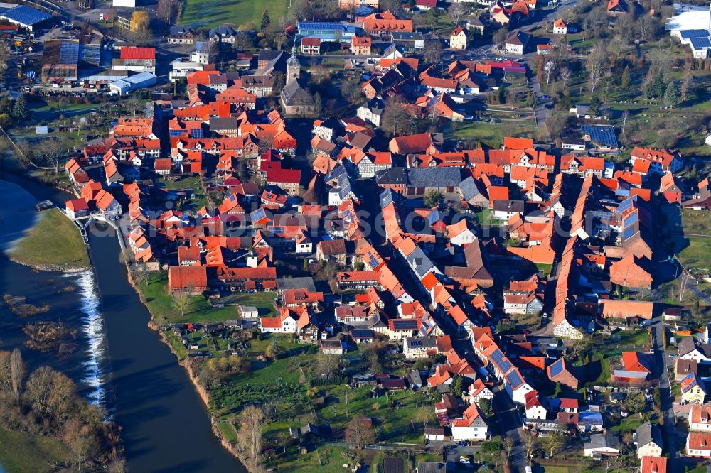 Hedemünden from above - Village on the banks of the area Werra - river course in Hedemuenden in the state Lower Saxony, Germany